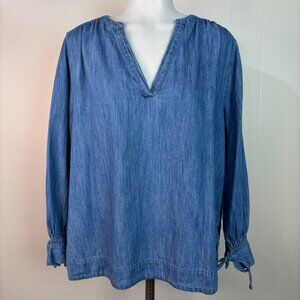 Old Navy Top Large Blue Chambray Cotton V-Neck Blouse Long Sleeves Women's